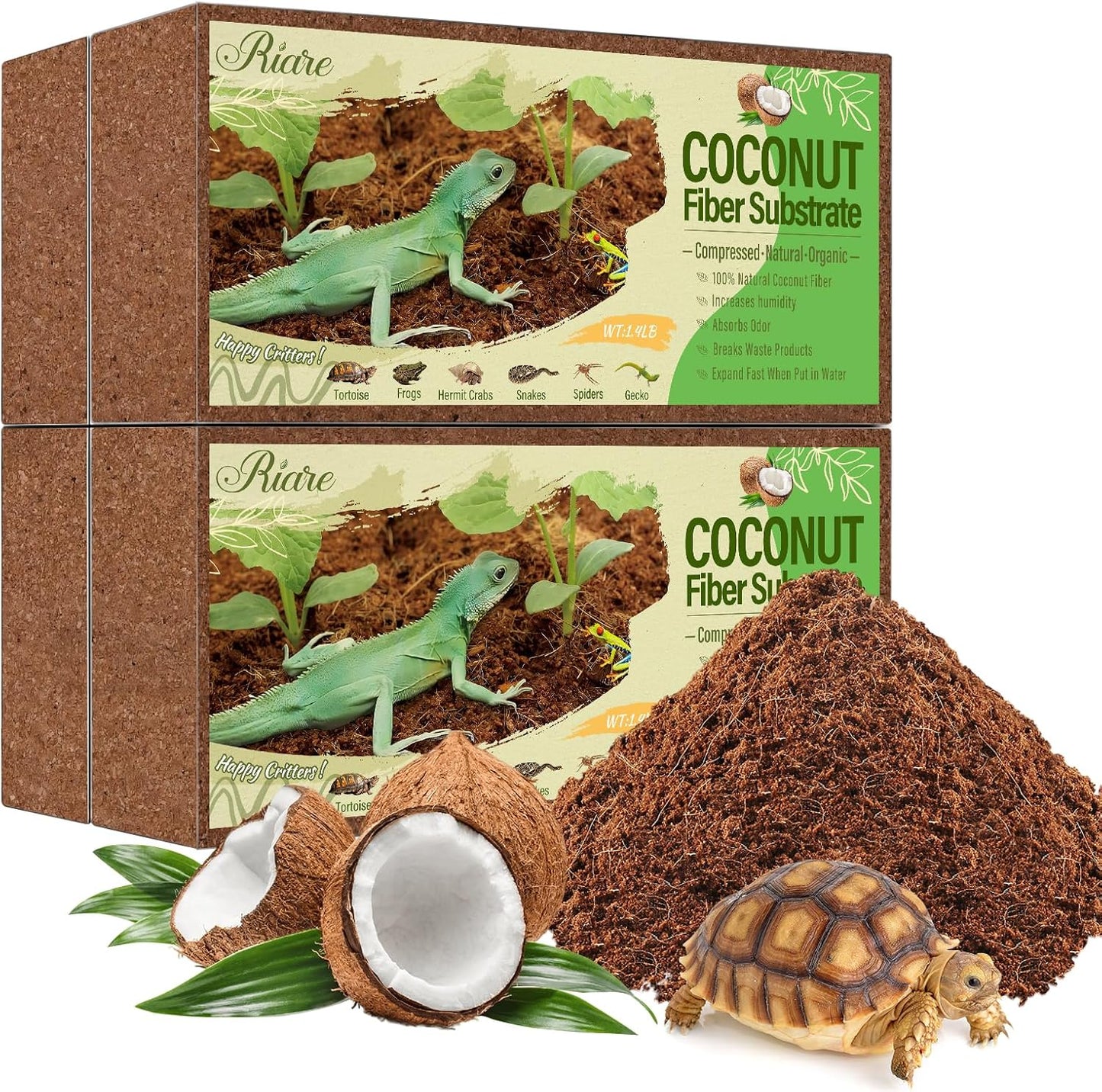 Riare 4 Pack Natural Coconut Fiber Substrate for Reptile- Premium Compressed Coconut Husk Terrarium Bedding for Reptile, Tortoise, Frogs, Snakes Hermit Crabs, Burrowing Animals