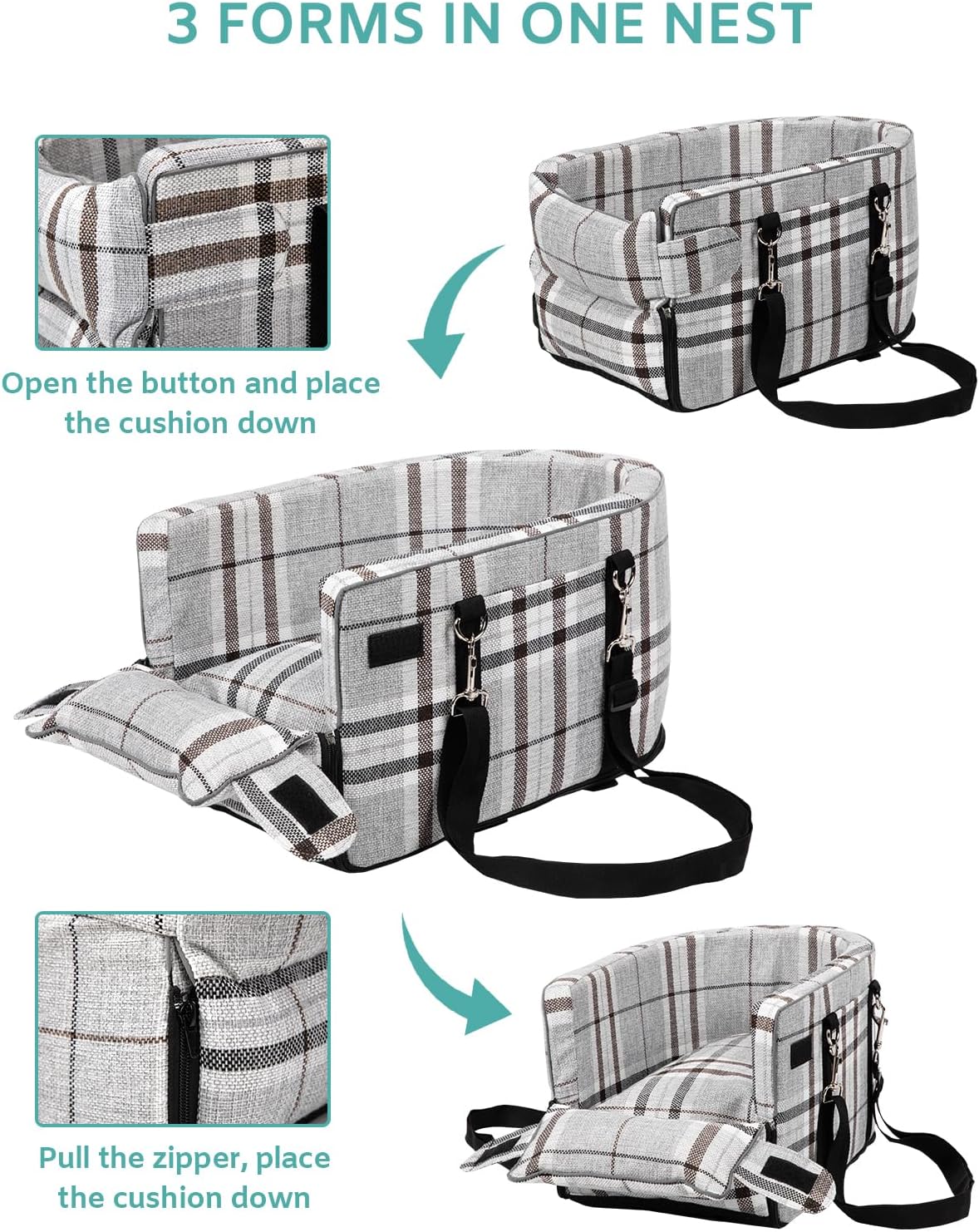 Small Dog Car Seat, Portable Dog Seat with Soft Washable Cushion,Center Console Dog Car Seat for Small Dogs Up to 13lbs(Grid Grey)