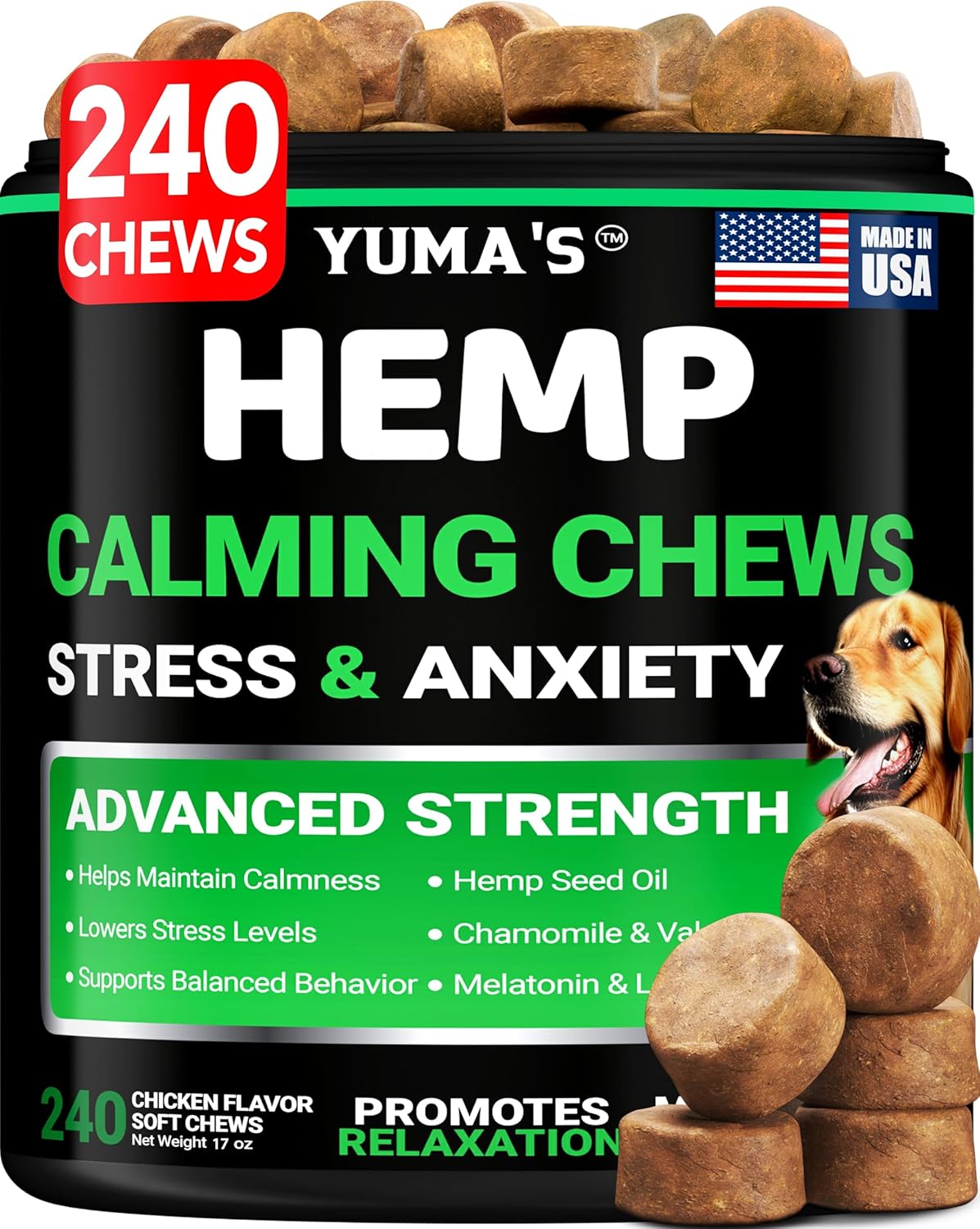 Hemp Calming Chews for Dogs - 240 Treats - Advanced Dog Calming Chews - Anxiety Relief Supplement Treats with Melatonin - Sleep Aid for Separation, Barking, Stress, Hip and Joint Support Made in USA