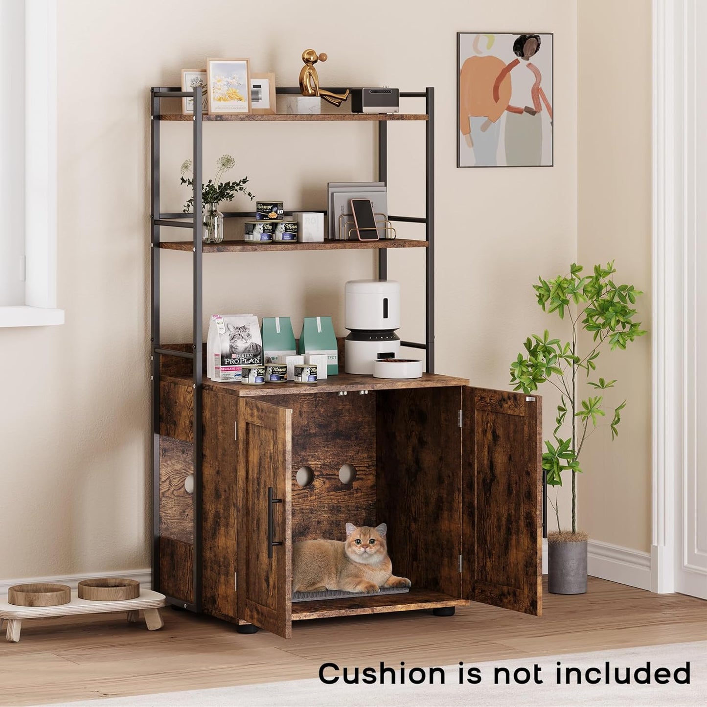 Cat Litter Box Enclosure with 2-Tier Storage Shelves and Doors, Hidden Cat Washroom Furniture with 2 Doors and Ventilation Holes, Indoor Large Cats House Cabinet Bookshelf for Most Litter Box - Brown