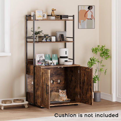 Cat Litter Box Enclosure with 2-Tier Storage Shelves and Doors, Hidden Cat Washroom Furniture with 2 Doors and Ventilation Holes, Indoor Large Cats House Cabinet Bookshelf for Most Litter Box - Brown