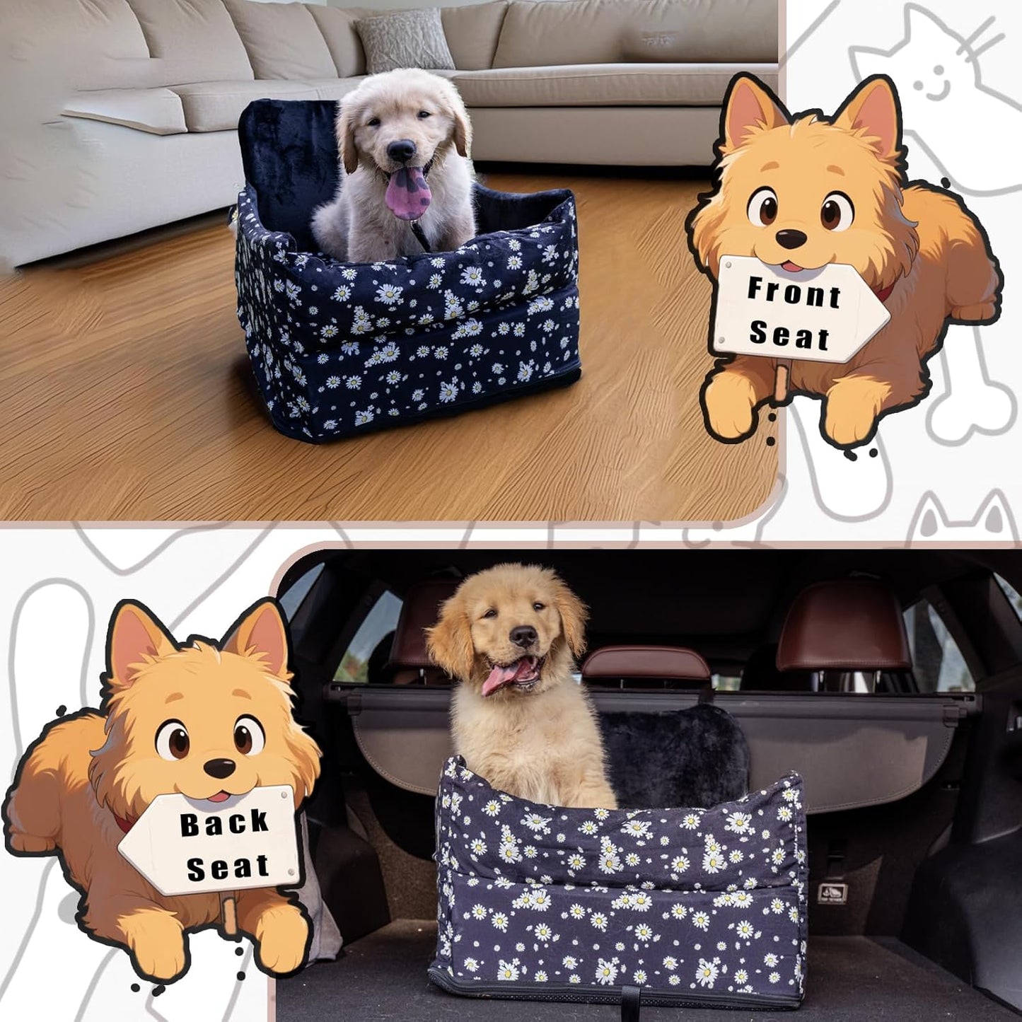 Cullaby Dog Booster Car Seat for Road Trips Elevated Seat for Small/Medium Dogs up to 25 lbs, Memory Foam Seat with Detachable Washable Cover, Safe Bed for Cars with Safety Belts and Storage Pockets