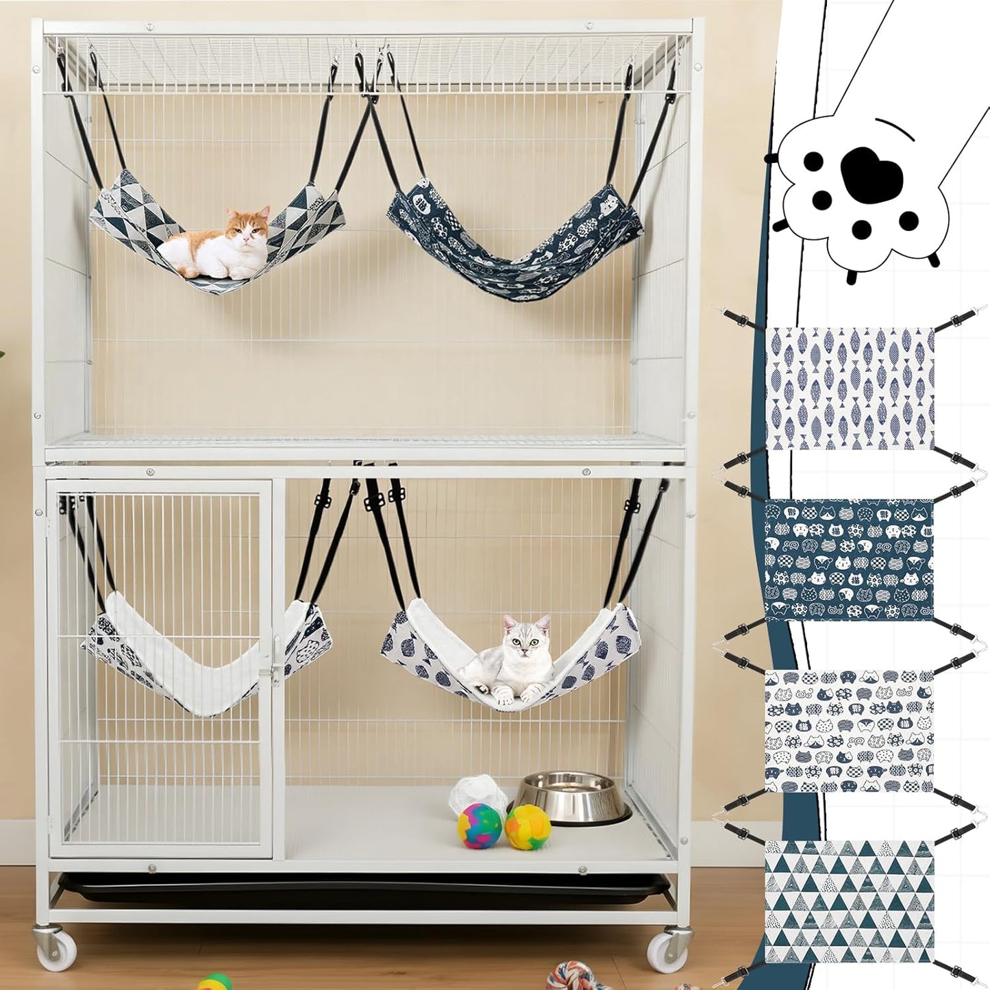 4 Pcs Cat Hammock for Cage Hanging Reversible Cat Hammock Soft Bed Catio Accessories for Winter and Summer 20x14 Inch with Adjustable Straps and Metal Hooks Double Sided for Kitten Ferret Small Animal