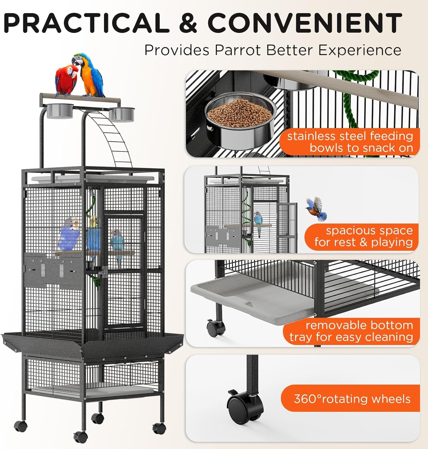 Spacious 60 Inch Wrought Iron Bird Cage with Rolling Stand, Play Top, 4 Stainless Steel Bowls - Ideal for Conure, Cockatiel, Parakeet, Lovebird, Budgie, Small Birds