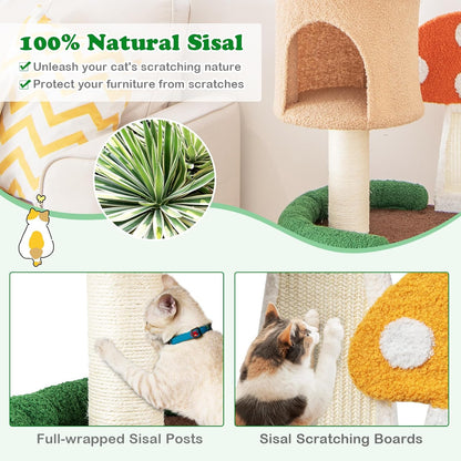 PETSITE Mushroom Cat Tree, 40.5 Inches Tall Multi-Level Cat Tower with Natural Sisal Scratching Posts & Boards, Cat Condo and Teasing Spring Ball, Cute Cat Tree Tower for Indoor Cats Large Adult