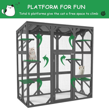 KEIKI Outdoor Wooden Cat Cage Catio Enclosure with Large Enter Door, Walk in Cat House Shelter with 6 Platforms for Multiple Pets, 60" Tall Kitten Cage with Lock, UV Resistant & Waterproof, Gray