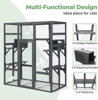 COZIWOW Large 70inches Outdoor Catio, Indoor Cat Cage House with Waterproof Roof, 5 Perches & 2 Condos, Spacious Wooden Cat Enclosure for 2-3 Cats, Stable & Breathable (Grey)