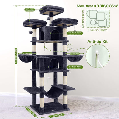 Globlazer Big Cat Tower for Indoor Cats, 80inch Cat Tower for Multiple Adult Cats XXL Cat Tree with Scratching Post, Hammock, 3 Perches, 2 Condos, 2 Hanging Basket, F80, Dark Grey