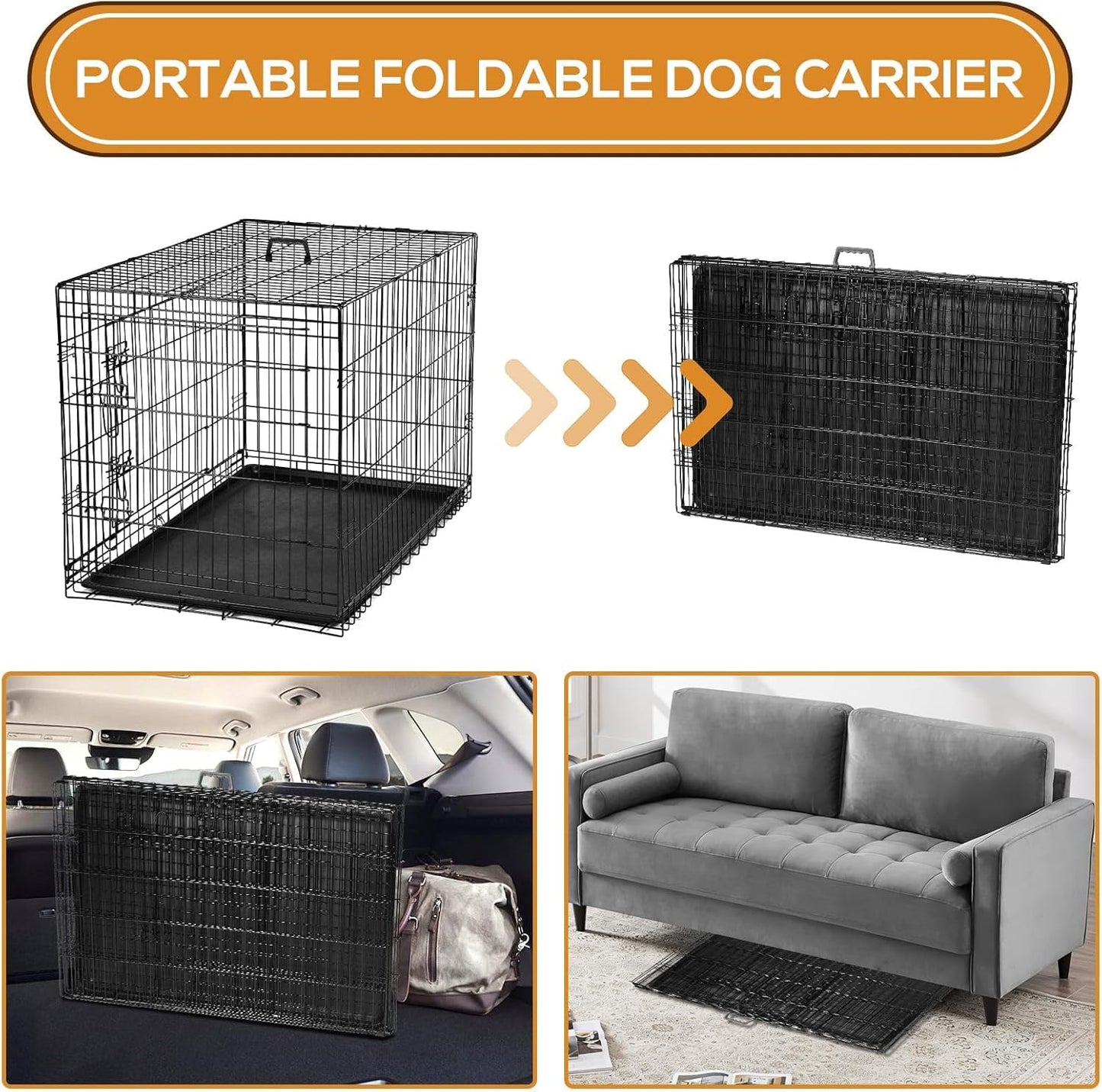 Dog Crate - Extra Large 48 Inch Double Door Portable Dog Cage, Metal Wire Pet Kennel with Secure Lock, Leak-Proof Pan Tray, Foldable Design for Dogs Pets Indoor Training and Outdoor Trave