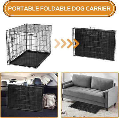 Dog Crate - Extra Large 48 Inch Double Door Portable Dog Cage, Metal Wire Pet Kennel with Secure Lock, Leak-Proof Pan Tray, Foldable Design for Dogs Pets Indoor Training and Outdoor Trave