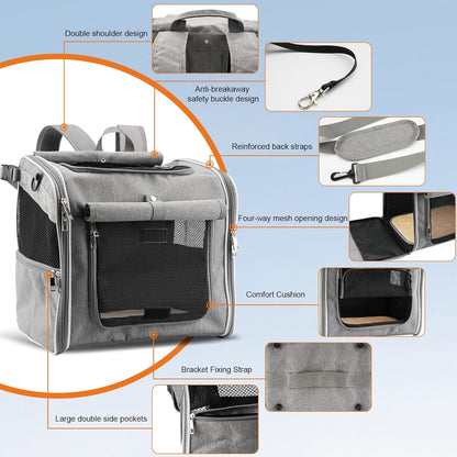 Xixter Dog Basket for Bike, Suitable for Small & Medium Pet Up to 7 kg, Foldable 4-in-1 Pet Bike Basket, Crossbody, Shoulder and Car Seat, with Sturdy Bracket and 4 Mesh Windows, Gray