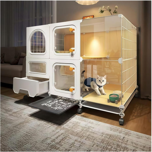 Indoor Cat Cage with Litter Box,Complimentary Cat Bed, Bowl Double-Layer Cat House with Wheels Outdoor Large Cat Enclosure, Small Animal Dog Kennel(41.8″(L) x18.1″(W) x32.3″(H))