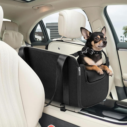 YUDODO Large Dog Car Seat for Center Console (Width＞9in) Fits 0-18lbs, Anti-Slip Puppy Cat Travel Portable Booster Seat, Portable Pet Car Bed Carseat Dual Front & Rear Pillow Black