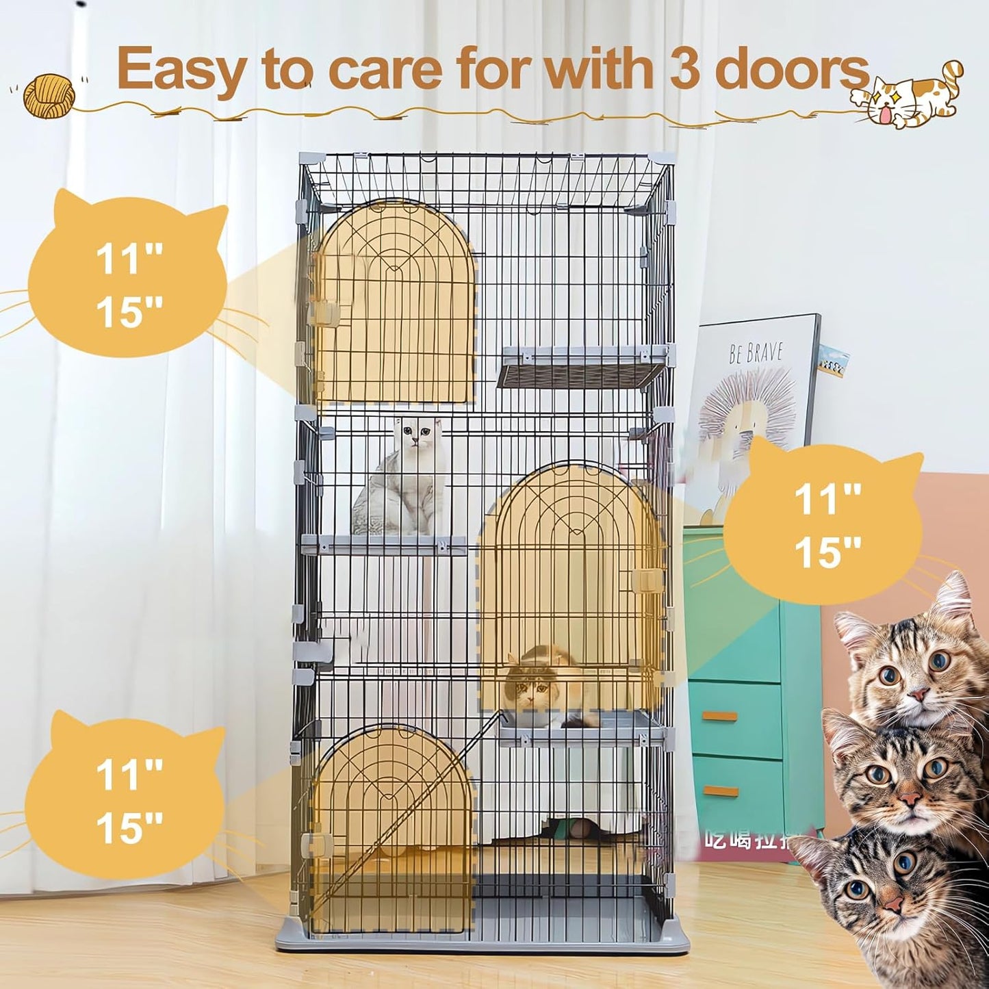 Cat Cage 3-Tier Indoor Cat Enclosure with Widen Bottom Buckle & Reinforced Locking Clamps DlY Cat Playpen for 2-3 Cats & Small Pets,33" Lx 24" W X 64" H (Green, Three-Tier64)