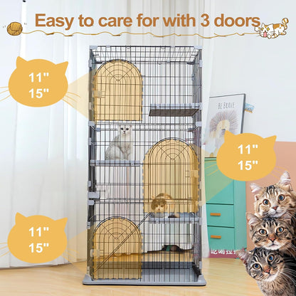 Cat Cage 3-Tier Indoor Cat Enclosure with Widen Bottom Buckle & Reinforced Locking Clamps DlY Cat Playpen for 2-3 Cats & Small Pets,33" Lx 24" W X 64" H (Green, Three-Tier64)