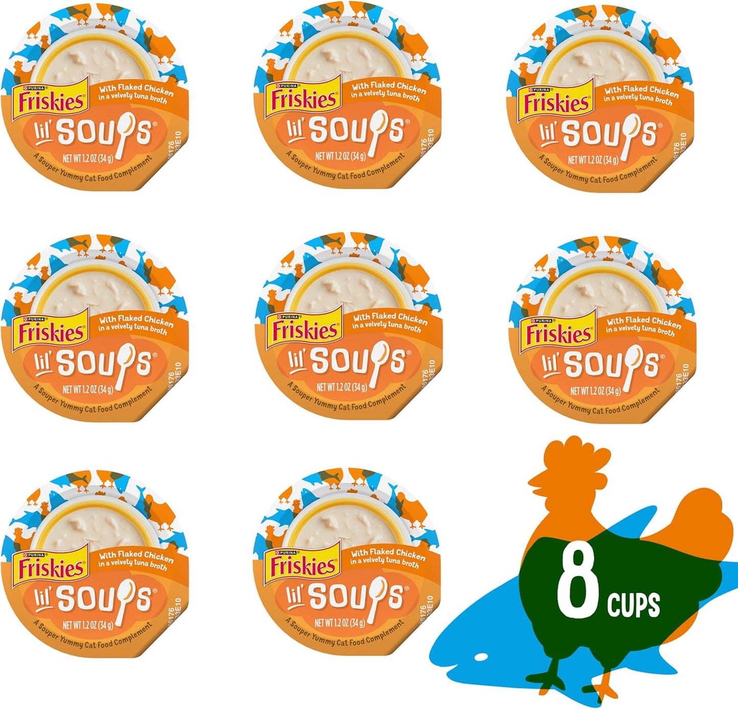 Purina Friskies Natural, Grain Free Wet Cat Food Lickable Cat Treats, Lil' Soups Flaked Chicken - (Pack of 8) 1.2 oz. Tubs