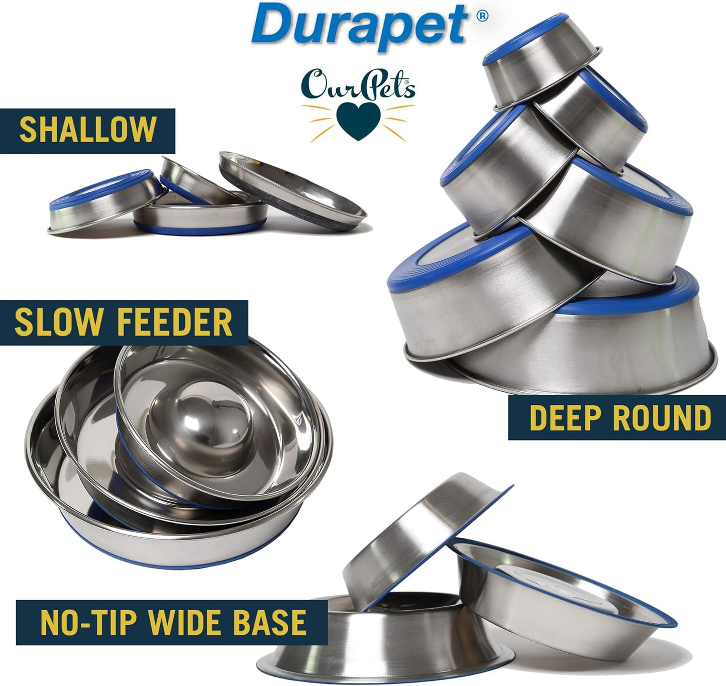 OurPet's DuraPet Premium Dishwasher Safe Stainless Steel Dog Bowl for Food or Water [Multiple Sizes for Small to Large Dogs] in Traditional or Wide Base Design - 8 CUP