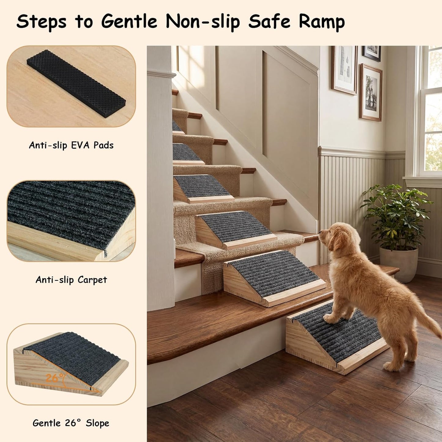 Dog Ramp for Stairs, Non-Slip Dog Stairs, Low-Angled Pet Ramps for Small Dogs and Cats, Medium Dogs, Step and Stair Assist for Injured and Older Pets, 2 Pack