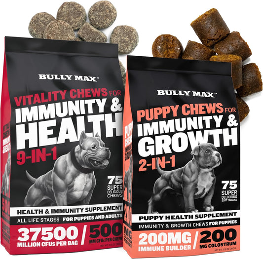 Bully Max Vitality Dog Chews and Puppy Soft Chews Bundle for Total Support with Daily Vitamins for Puppies and Adult Dogs – Including Immune, Joint, Skin, Coat, Digestion, and Development Support