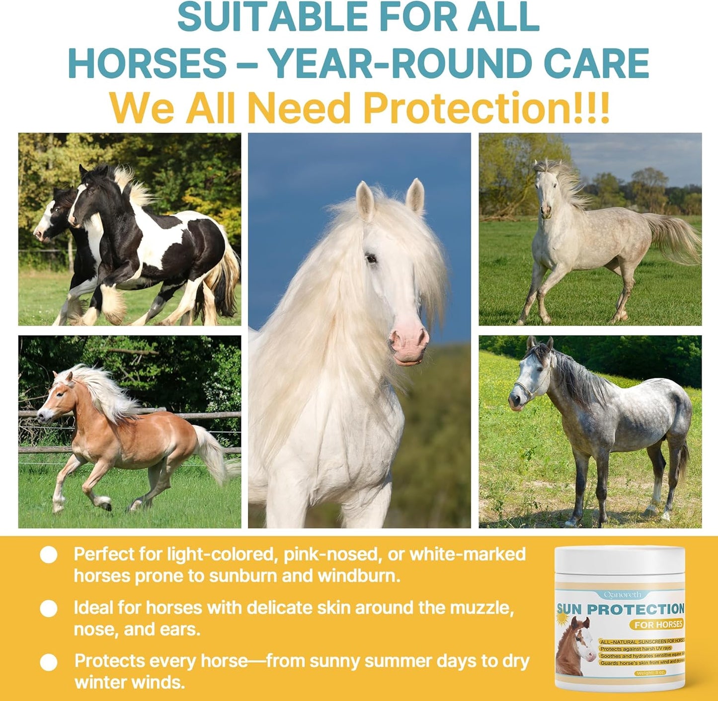 Horse Sunscreen for Nose & Sensitive Pink Skin – Natural Sunscreen for Horses with Non-Nano Zinc Oxide – Protects Against Sunburn, Windburn & Dryness – Safe, Long-Lasting Sunblock for All Seasons,8 oz