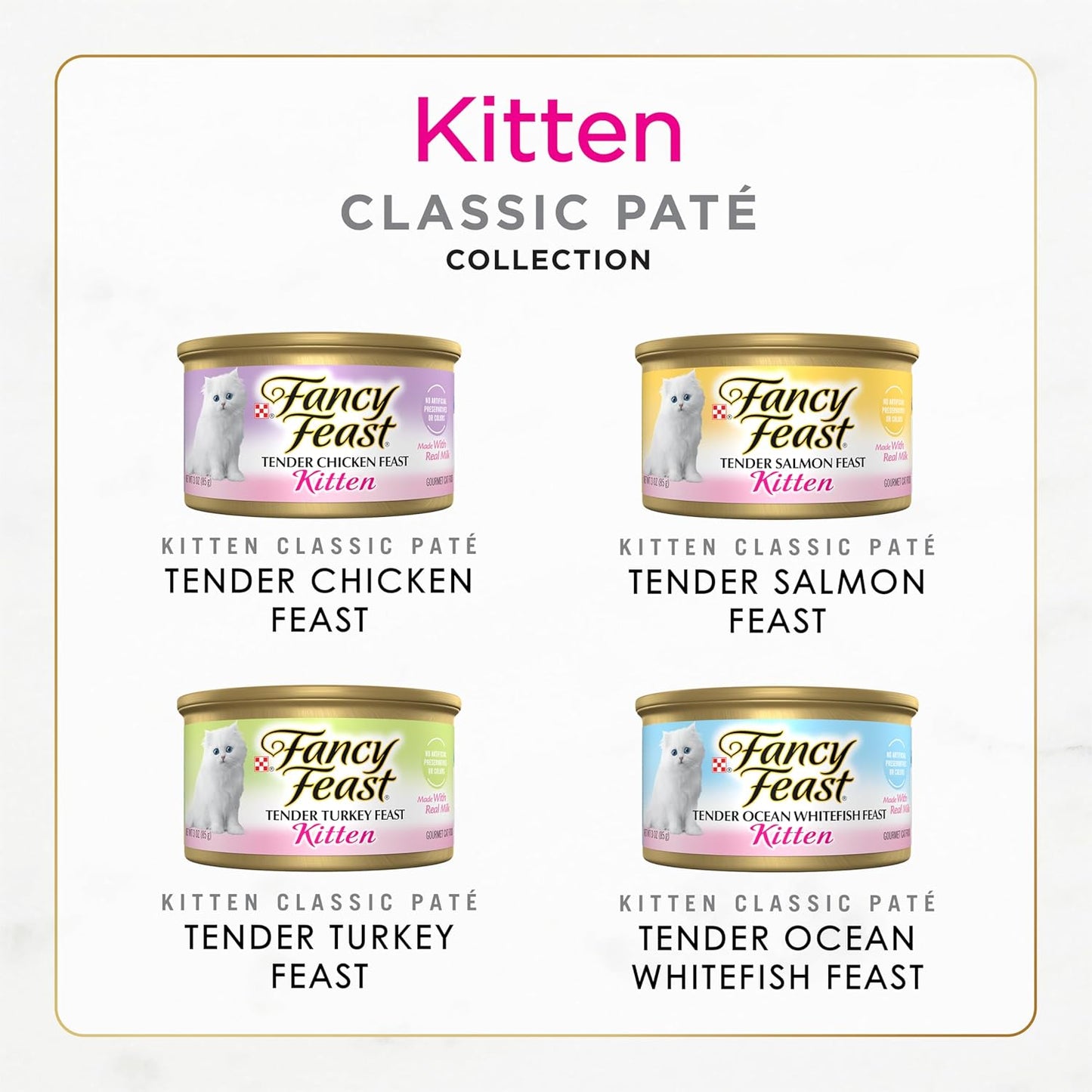 Purina Fancy Feast Tender Ocean Whitefish, Turkey, Chicken and Salmon Feasts Wet Kitten Food Variety Pack - (Pack of 24) 3 oz. Boxes