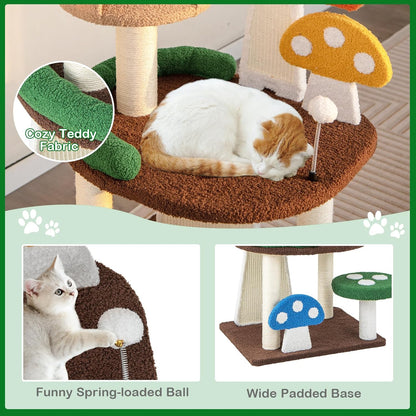 PETSITE Mushroom Cat Tree, 40.5 Inches Tall Multi-Level Cat Tower with Natural Sisal Scratching Posts & Boards, Cat Condo and Teasing Spring Ball, Cute Cat Tree Tower for Indoor Cats Large Adult