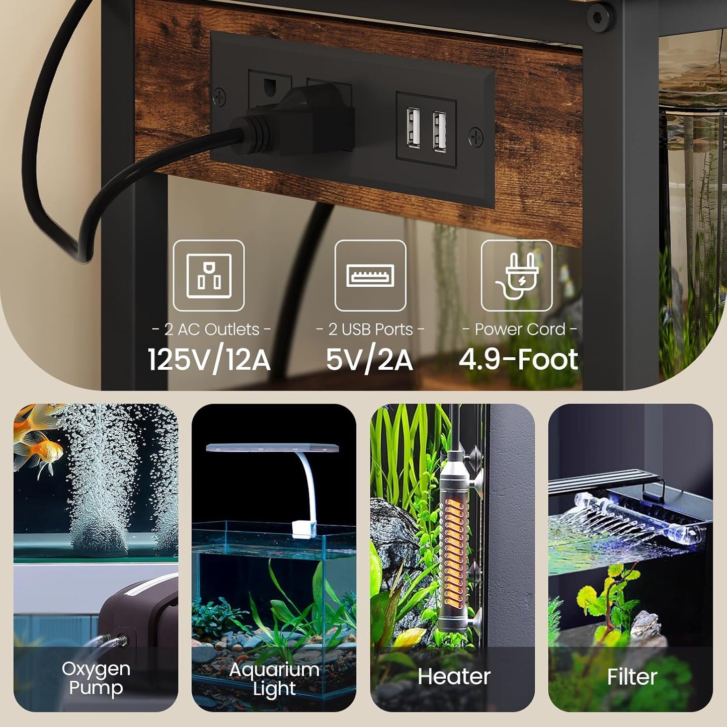 Fish Tank Stand with Power Outlet, Aquarium Stand with Wire Storage Basket, 10-15 Gallon Reptile Tank Stand with Shelves, Aquarium Table, for Home, Office, Rustic Brown and Black TCW78UBF