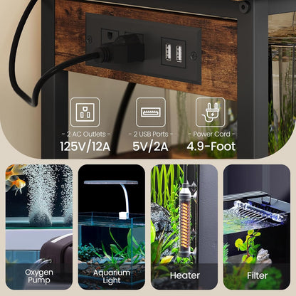 Fish Tank Stand with Power Outlet, Aquarium Stand with Wire Storage Basket, 10-15 Gallon Reptile Tank Stand with Shelves, Aquarium Table, for Home, Office, Rustic Brown and Black TCW78UBF