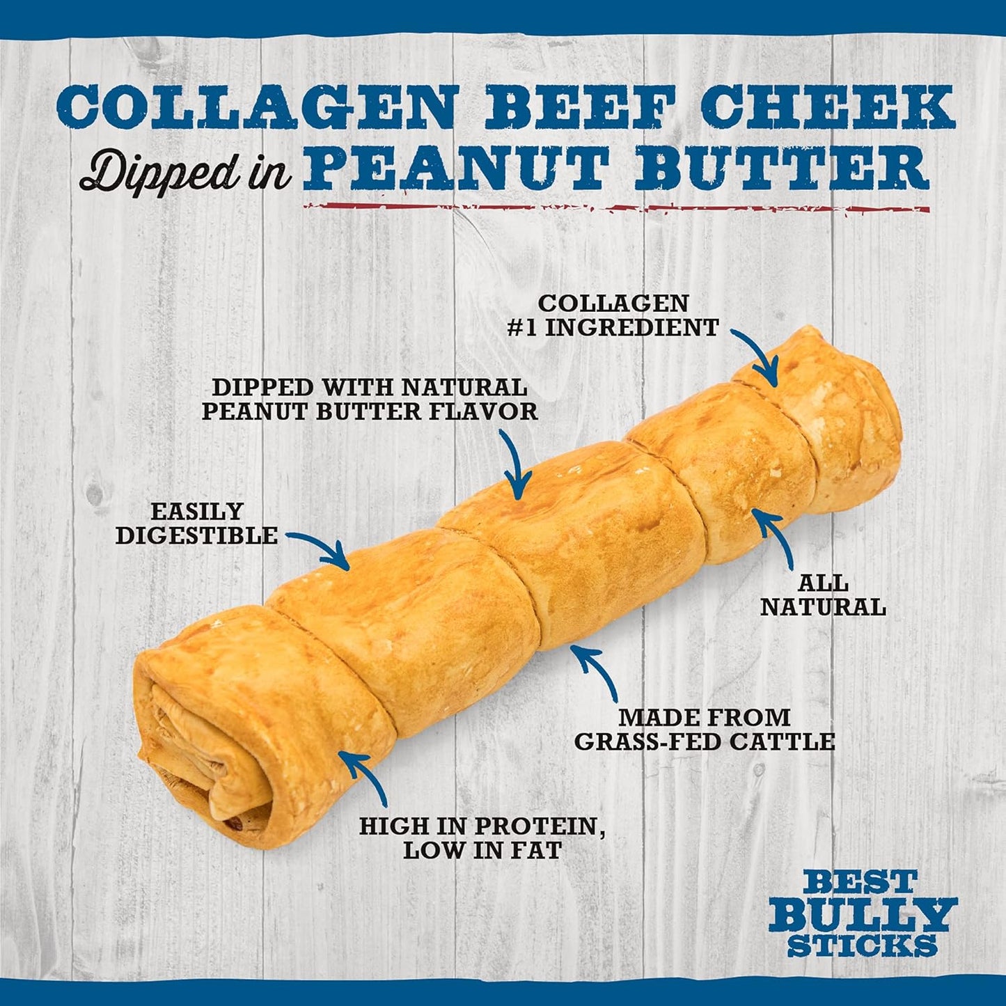 Best Bully Sticks Peanut Butter Beef Cheek Treats - Large 4 Count (Pack of 1) - All-Natural, Collagen-Rich, Rawhide Alternative