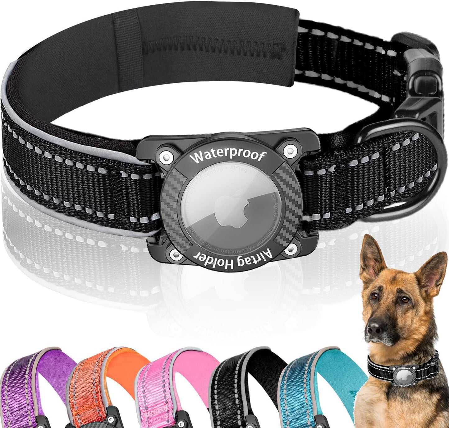 Upgraded AirTag Dog Collar, IP68 Waterproof Dog Collar with Apple Air Tag Holder, Reflective Adjustable Heavy Duty Dog Collars with Soft Padded for Small, Medium and Large Dogs,Black, L