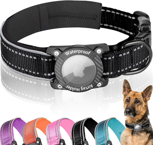 Upgraded AirTag Dog Collar, IP68 Waterproof Dog Collar with Apple Air Tag Holder, Reflective Adjustable Heavy Duty Dog Collars with Soft Padded for Small, Medium and Large Dogs,Black, L