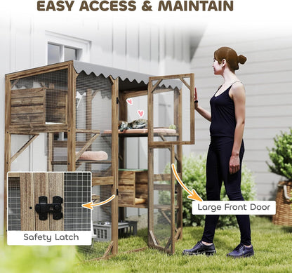 PawHut Catio Outdoor Cat Enclosure, Wooden Cat House with Window Access, 5 Platforms and 2 Resting Box, Waterproof Roof, Kitty Cage for Multiple Kittens, 59" H, Brown