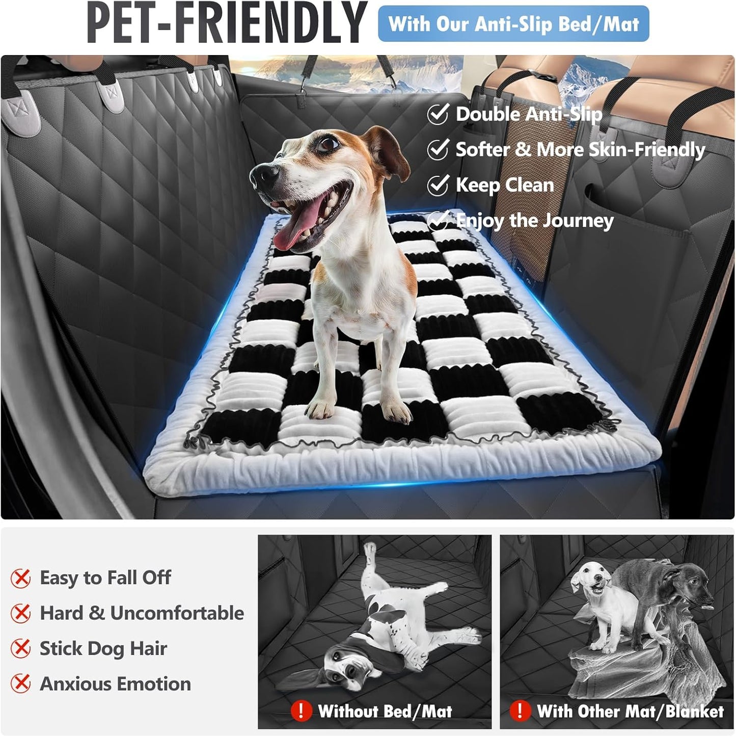Backseat Dog Bed Non-Slip, Dog Bed for Car Back Seat Soft and Comfortable, Back Seat Pet Bed Mat for Travel, Pet Car Blanket for Backseat Extender and Seat Covers Checkered (51”X 23.5”)