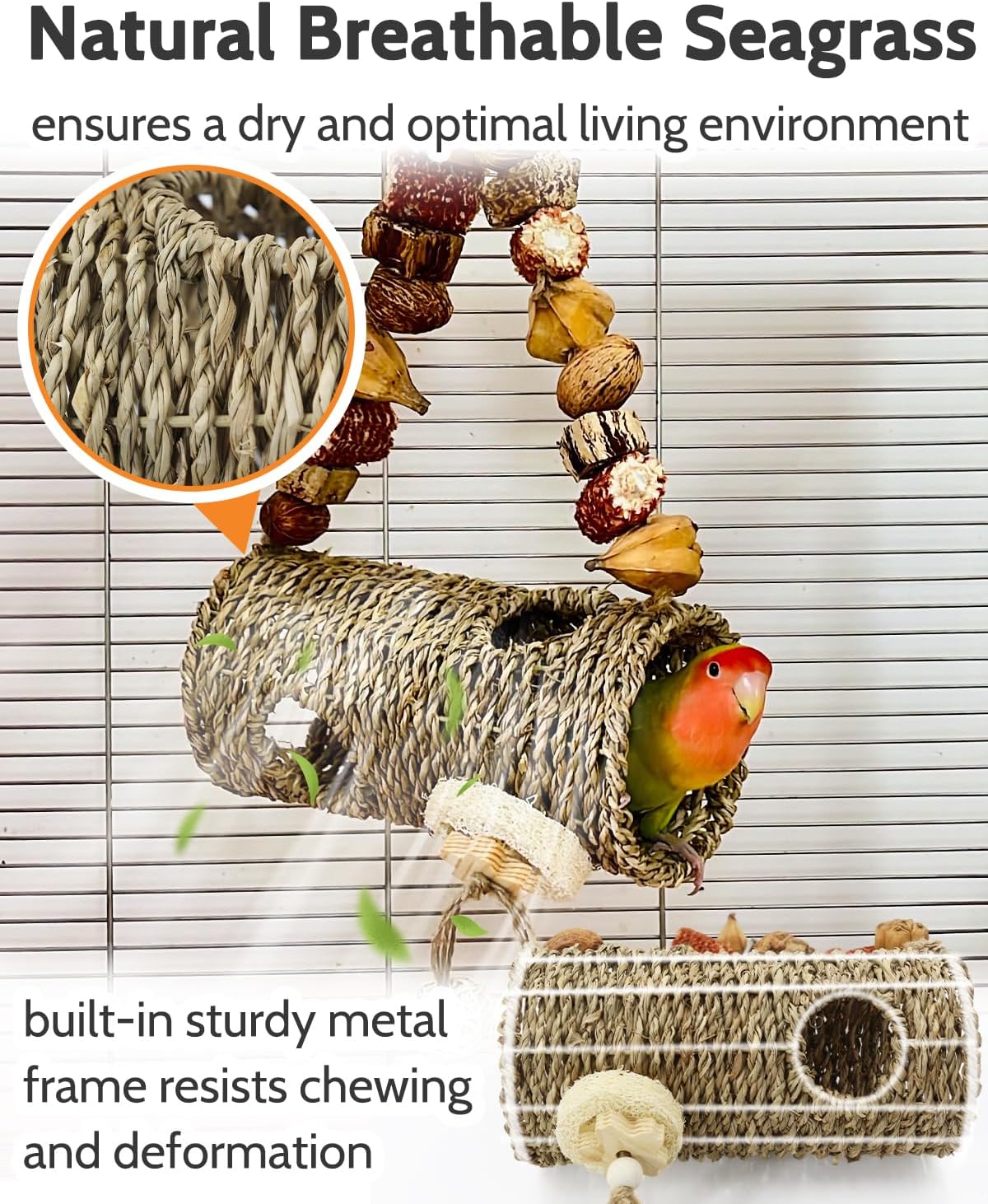 Bird Nest for Cage with Natural Chewing Toys, Hanging Bird Tunnel Bed with Sturdy Metal Frame & Handwoven Breathable Seagrass, Small Parakeet Bed for Lovebird, Canary, Budgie Rest & Chew & Play