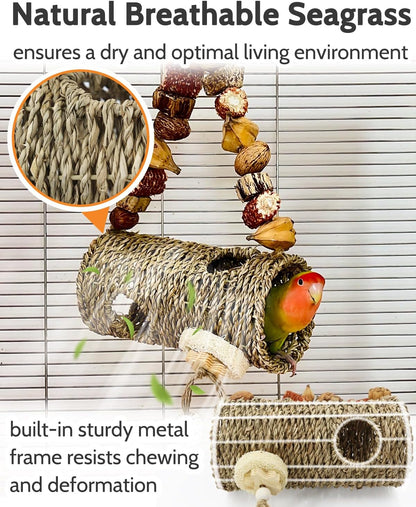 Bird Nest for Cage with Natural Chewing Toys, Hanging Bird Tunnel Bed with Sturdy Metal Frame & Handwoven Breathable Seagrass, Small Parakeet Bed for Lovebird, Canary, Budgie Rest & Chew & Play