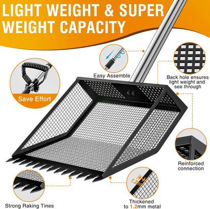 TOOGE Large Chicken Poop Scooper: 2-in-1 Metal Pooper Scooper & Rake Adjustable Long Handle Stainless Steel Sand Sifter Litter Shovel Chicken Coop Scoop Cleaning Tool for Coffee Ground Farm Yard Black