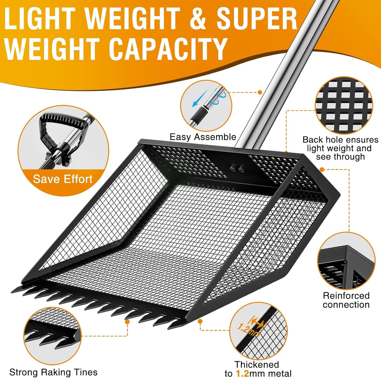 TOOGE Large Chicken Poop Scooper: 2-in-1 Metal Pooper Scooper & Rake Adjustable Long Handle Stainless Steel Sand Sifter Litter Shovel Chicken Coop Scoop Cleaning Tool for Coffee Ground Farm Yard Black