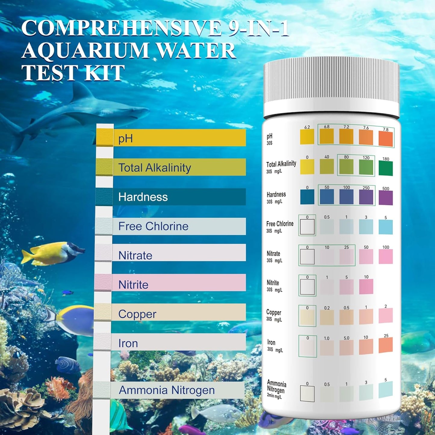 Aquarium Water Test Kit 9-in-1, Aquarium Ammonia Test Strips for Fish Tanks and Ponds, 150 Strips Testing pH Total Alkalinity Hardness Chlorine Nitrite Sulfate Copper Iron for Fresh and Salt Water