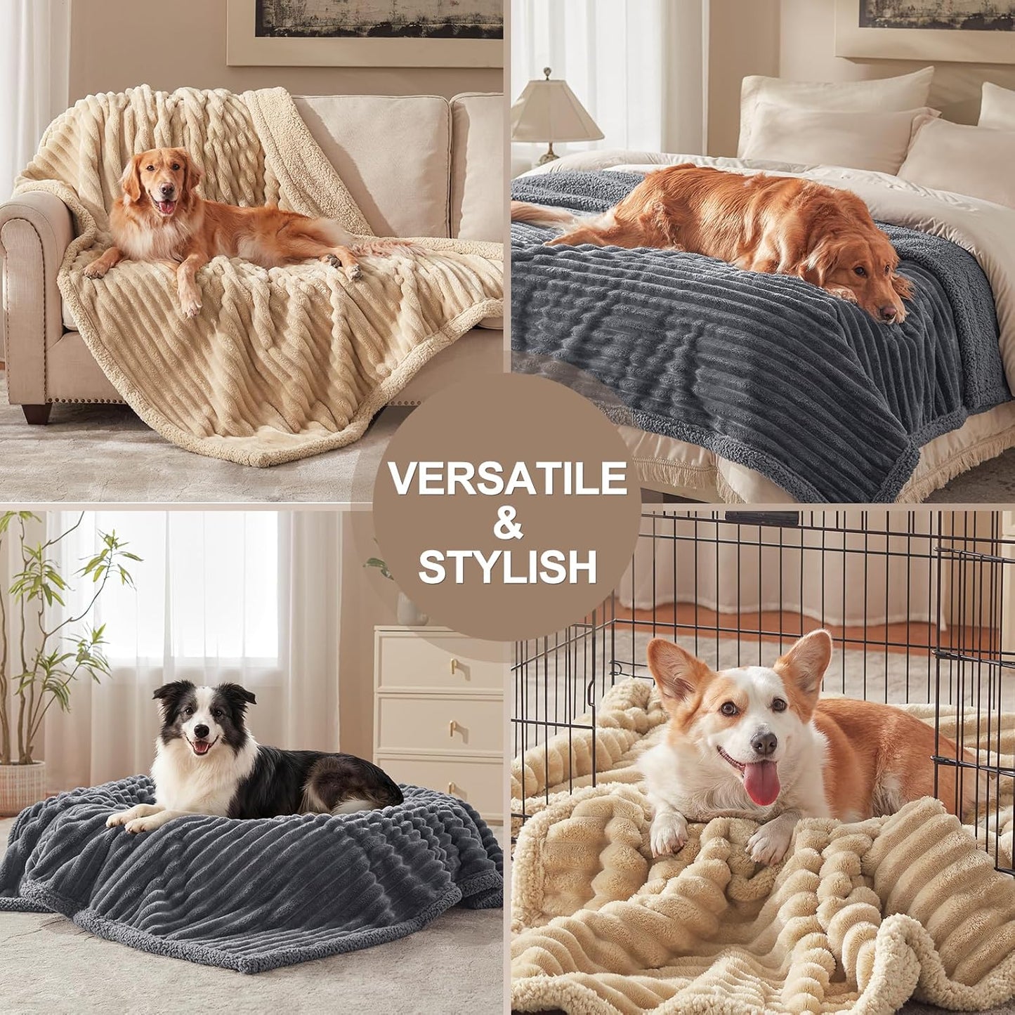 Waterproof Dog Blanket for Large Dogs, Washable Soft Puppy Cat Blanket Flannel Cotton Velour for Sofa Couch Protector, Comfort & Security Reversible Bed Protection for Pet, 60"X80", Khaki