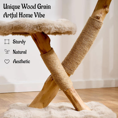Natural Wood Cat Tree for Indoor Cats Adults, 33in Modern Cat Tree Tower with Super Soft Plush Cat Bed & Perch, Sisal Scratching Posts and Hanging Plush Ball, Soft Khaki