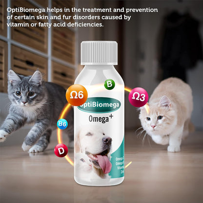 OptiBiomega Fish Oil for Dogs & Cats, Vitamins & Supplements Skin and Coat, Zinc, Omega 3 & Omega 6 Fatty Acids Support Immune Supplement, 3.38 fl oz