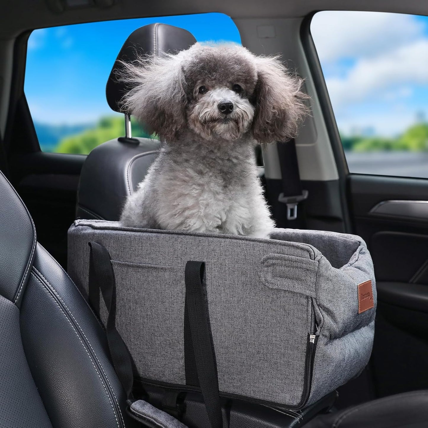 Dog Car Seat for Small Dogs, Center Console Dog Car Seat with Storage Pockets and Clip-On Safety Leash, Detachable and Washable Dog Booster Car Seat, Portable Dog Travel Carrier Bed(Grey)