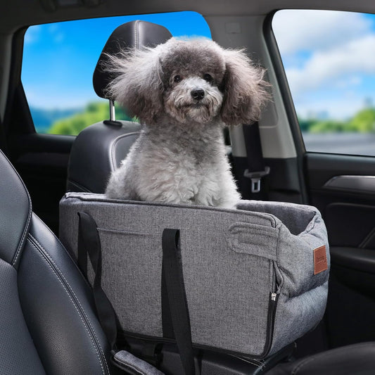 Dog Car Seat for Small Dogs, Center Console Dog Car Seat with Storage Pockets and Clip-On Safety Leash, Detachable and Washable Dog Booster Car Seat, Portable Dog Travel Carrier Bed(Grey)