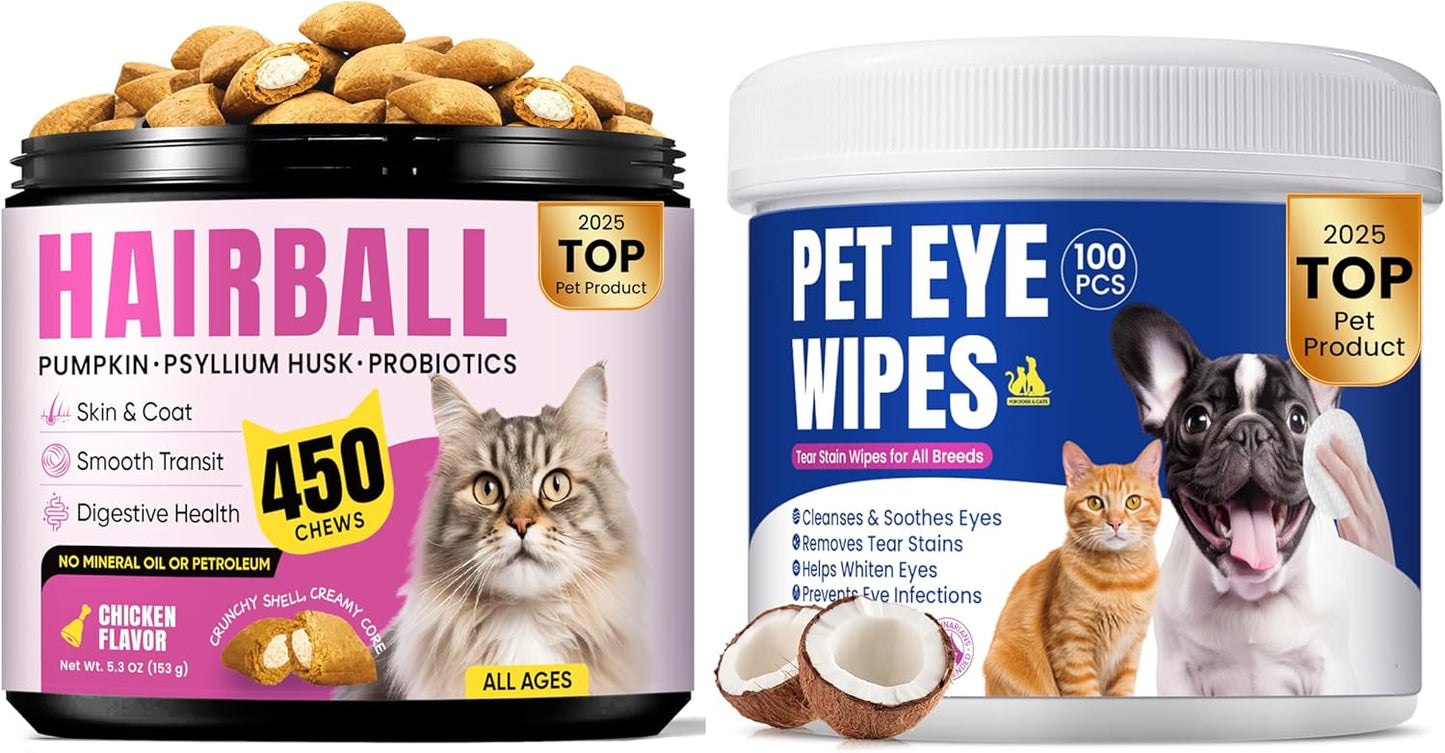 Hairball & Eye Care Bundle for Cats – Hairball Remedy Treats + Eye Cleaning Wipes