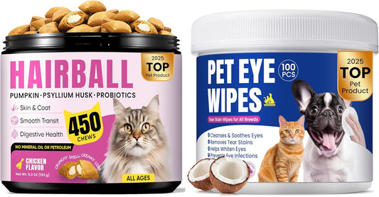 Hairball & Eye Care Bundle for Cats – Hairball Remedy Treats + Eye Cleaning Wipes