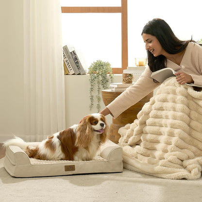 Orthopedic Dog Bed for Small Medium Size Dogs, Bolster Pet Couch with Waterproof Lining, Egg Crate Foam Sofa for Pets Up to 30 lbs, U-Shaped, 30x20x6.5 inch, Beige