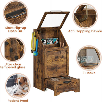 Dog Feeding Station with 2 Elevated Dog Bowls, Pet Feeding Station with Storage Cabinet Organizer, Flip-Up Lid, Anti-Toppling Design, for Pet Food and Pet Supplies, Rustic Brown