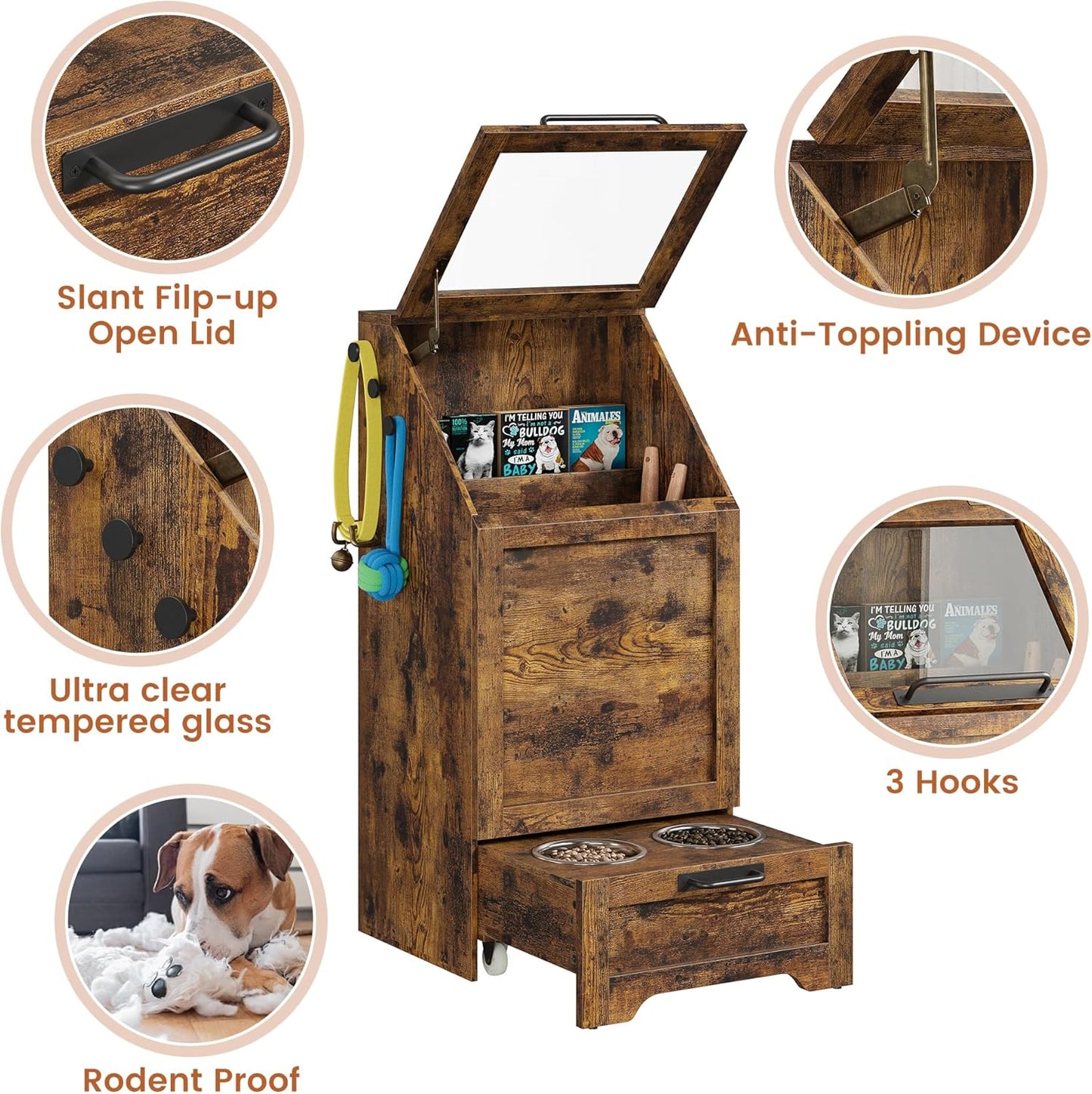 Dog Feeding Station with 2 Elevated Dog Bowls, Pet Feeding Station with Storage Cabinet Organizer, Flip-Up Lid, Anti-Toppling Design, for Pet Food and Pet Supplies, Rustic Brown