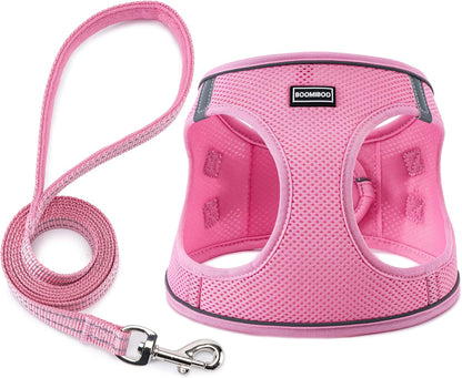 BOOMIBOO Dog Harness with Leash Set, No Pull Adjustable Reflective Step-in Puppy Pet Vest Harnesses for Small Medium Large Dogs and Cats,Pink XS