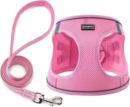 BOOMIBOO Dog Harness with Leash Set, No Pull Adjustable Reflective Step-in Puppy Pet Vest Harnesses for Small Medium Large Dogs and Cats,Pink XS